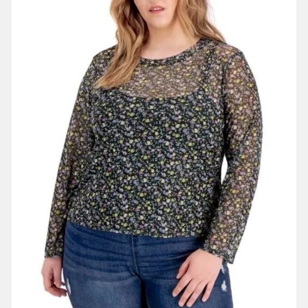 NWT! Love Fire Sz 1X Beautiful 2 Pc Knit Top Sheer Floral Over Black Cami